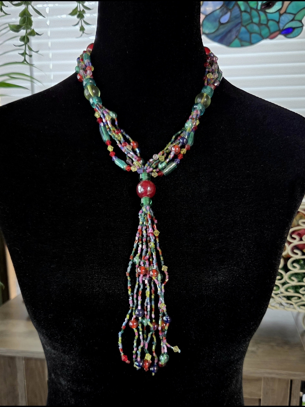 Handmade Czech Glass Beaded Colorful Lariat Necklace 14"